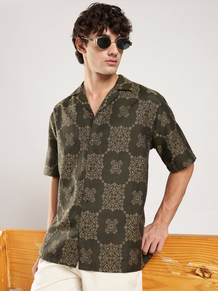 Green Jacquard Boxy Fit Casual Shirt