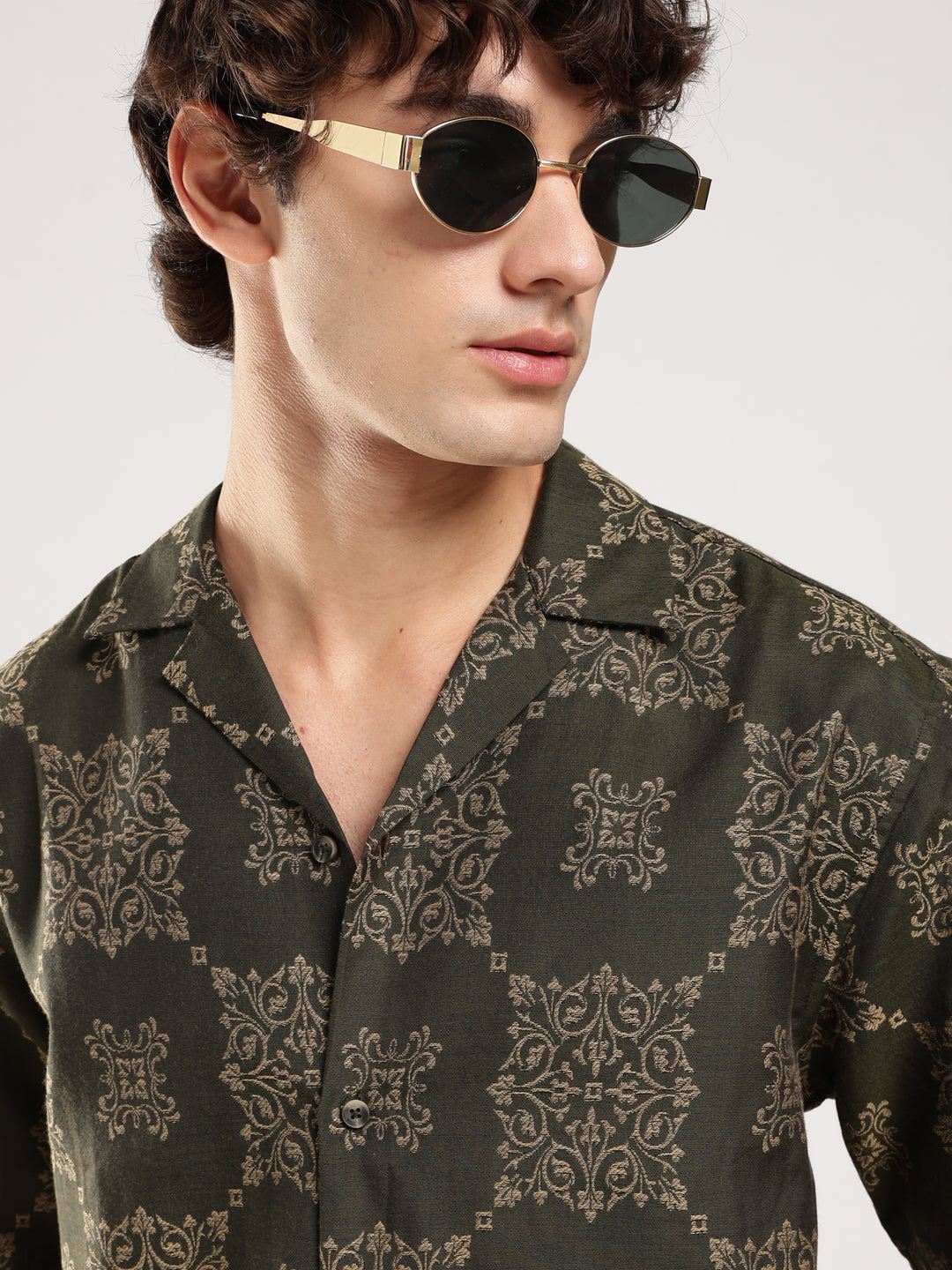 Green Jacquard Boxy Fit Casual Shirt