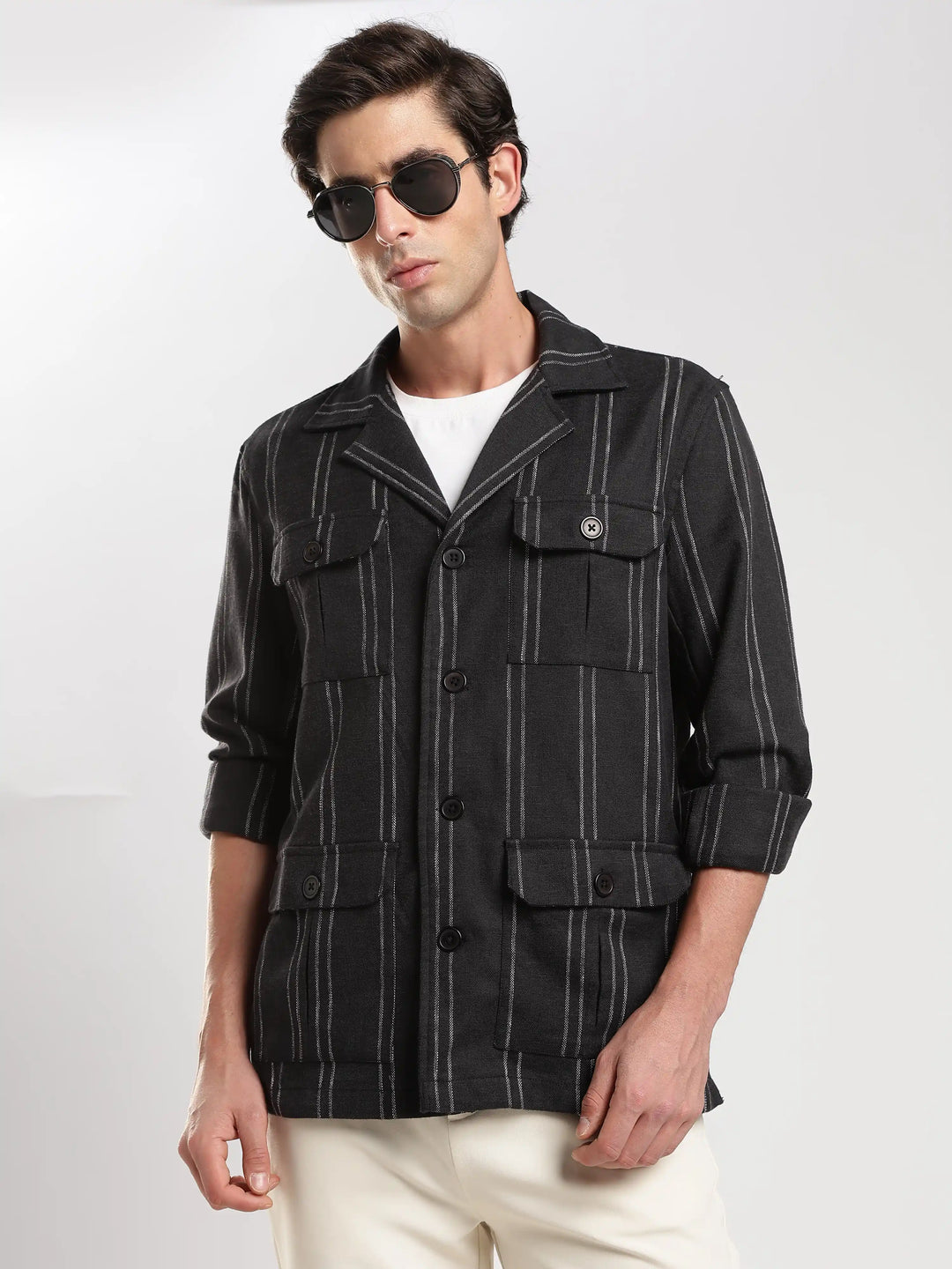 Black Striped Regular Fit Shacket