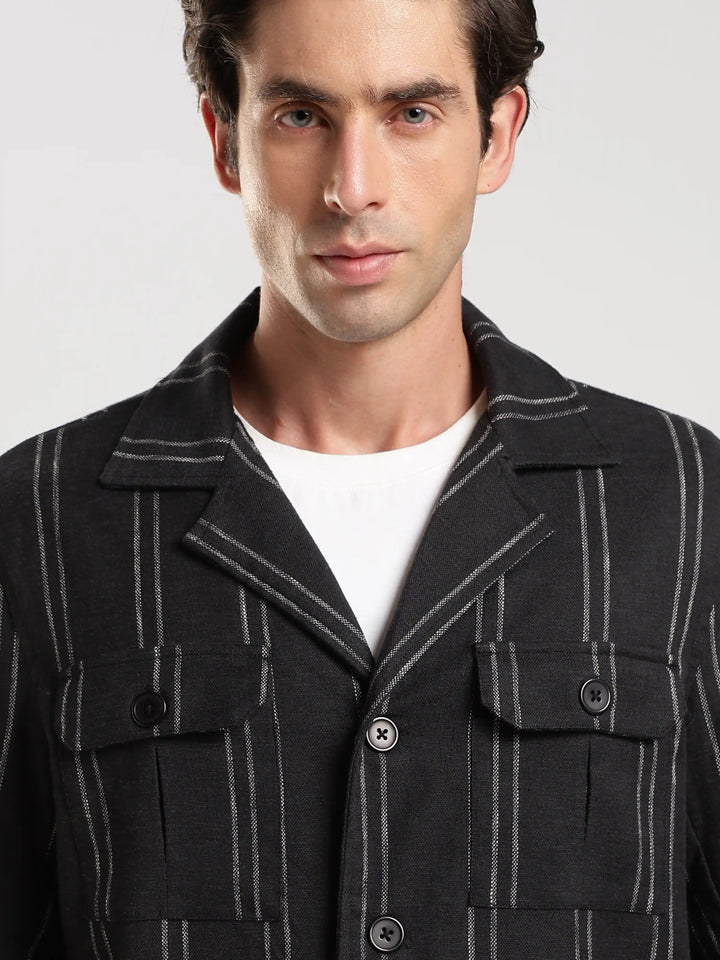 Black Striped Regular Fit Shacket