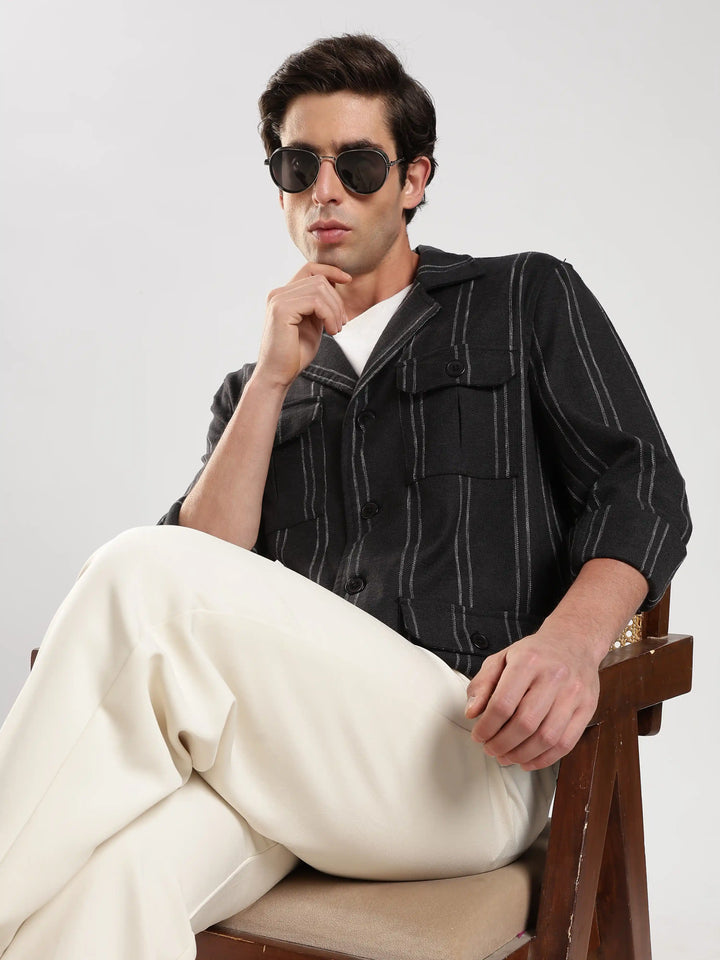 Black Striped Regular Fit Shacket