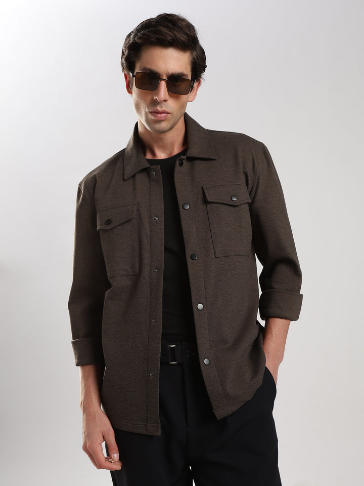 Brown Solid Regular Fit Shacket