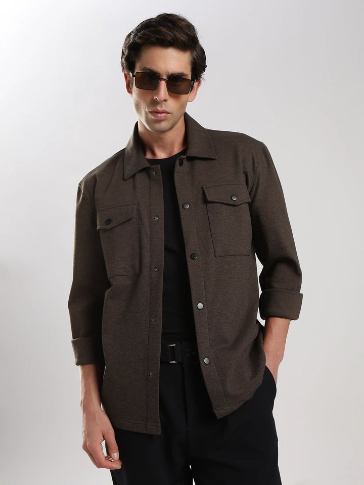 Brown Solid Regular Fit Shacket