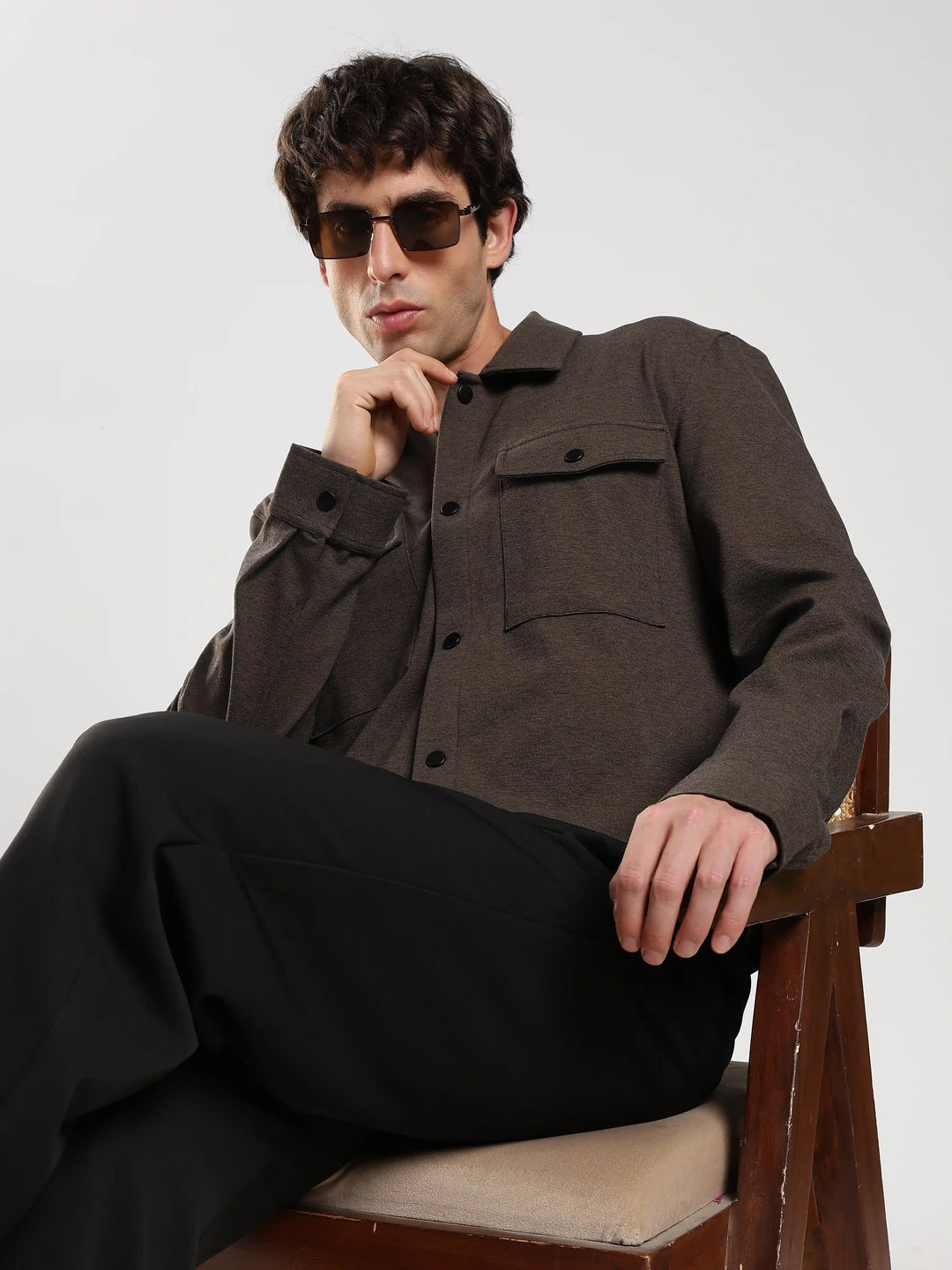 Brown Solid Regular Fit Shacket