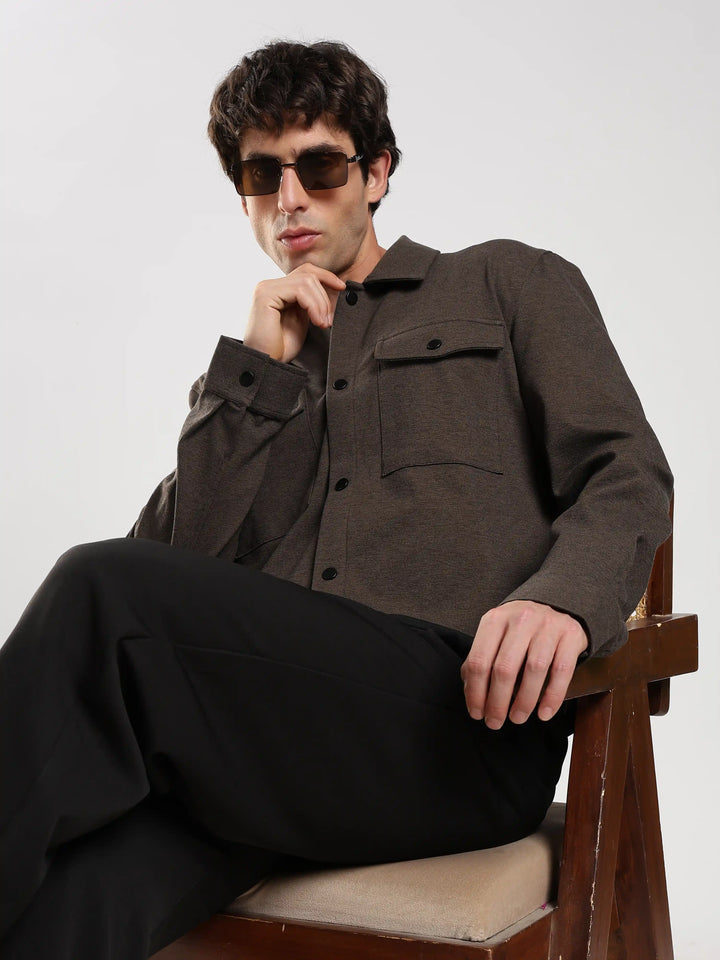 Brown Solid Regular Fit Shacket