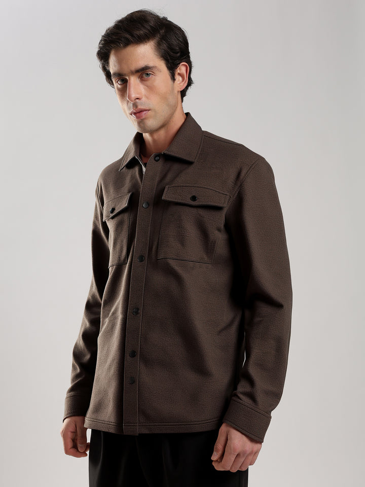 Brown Solid Regular Fit Shacket