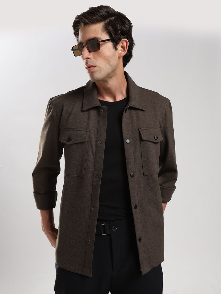 Brown Solid Regular Fit Shacket
