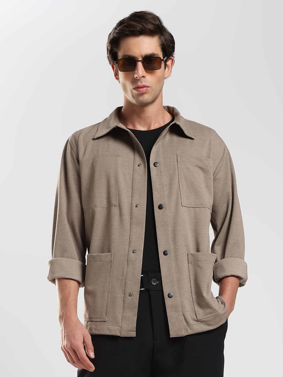 Light Brown Solid Regular Fit Shacket