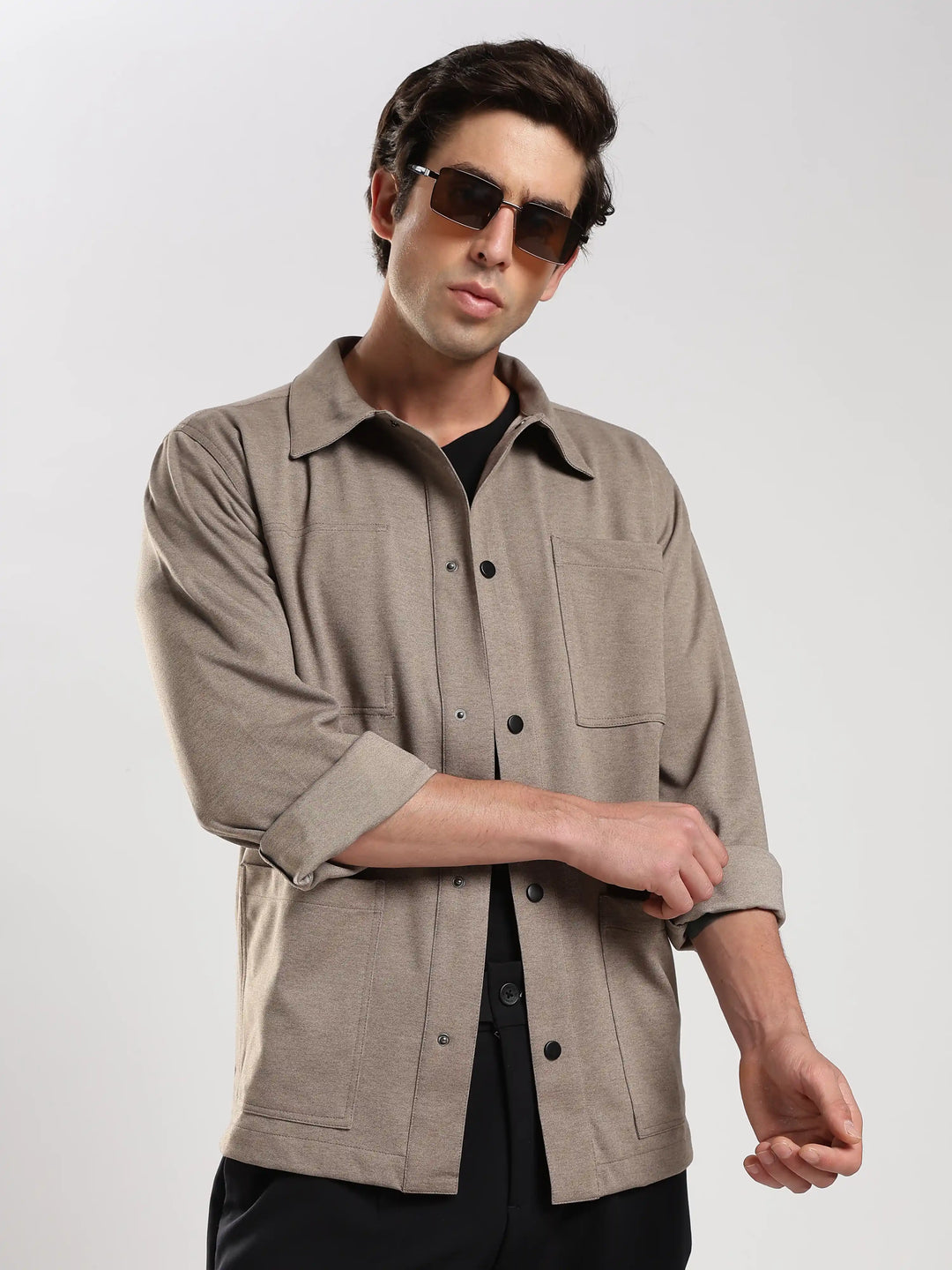 Light Brown Solid Regular Fit Shacket