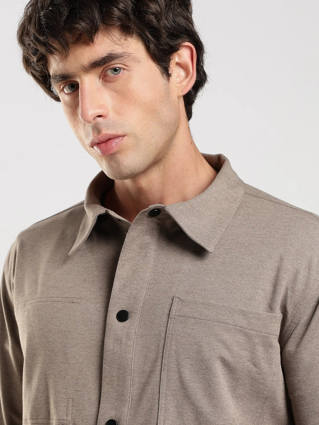 Light Brown Solid Regular Fit Shacket