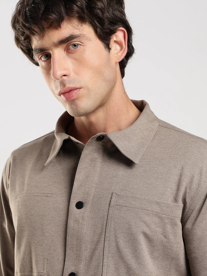 Light Brown Solid Regular Fit Shacket