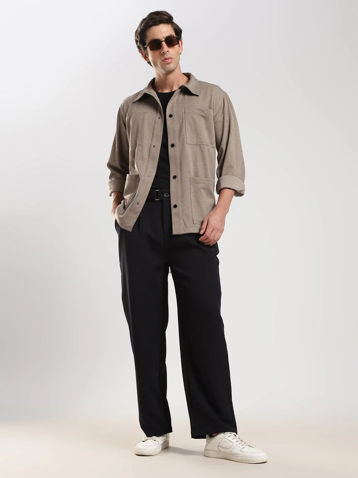 Light Brown Solid Regular Fit Shacket