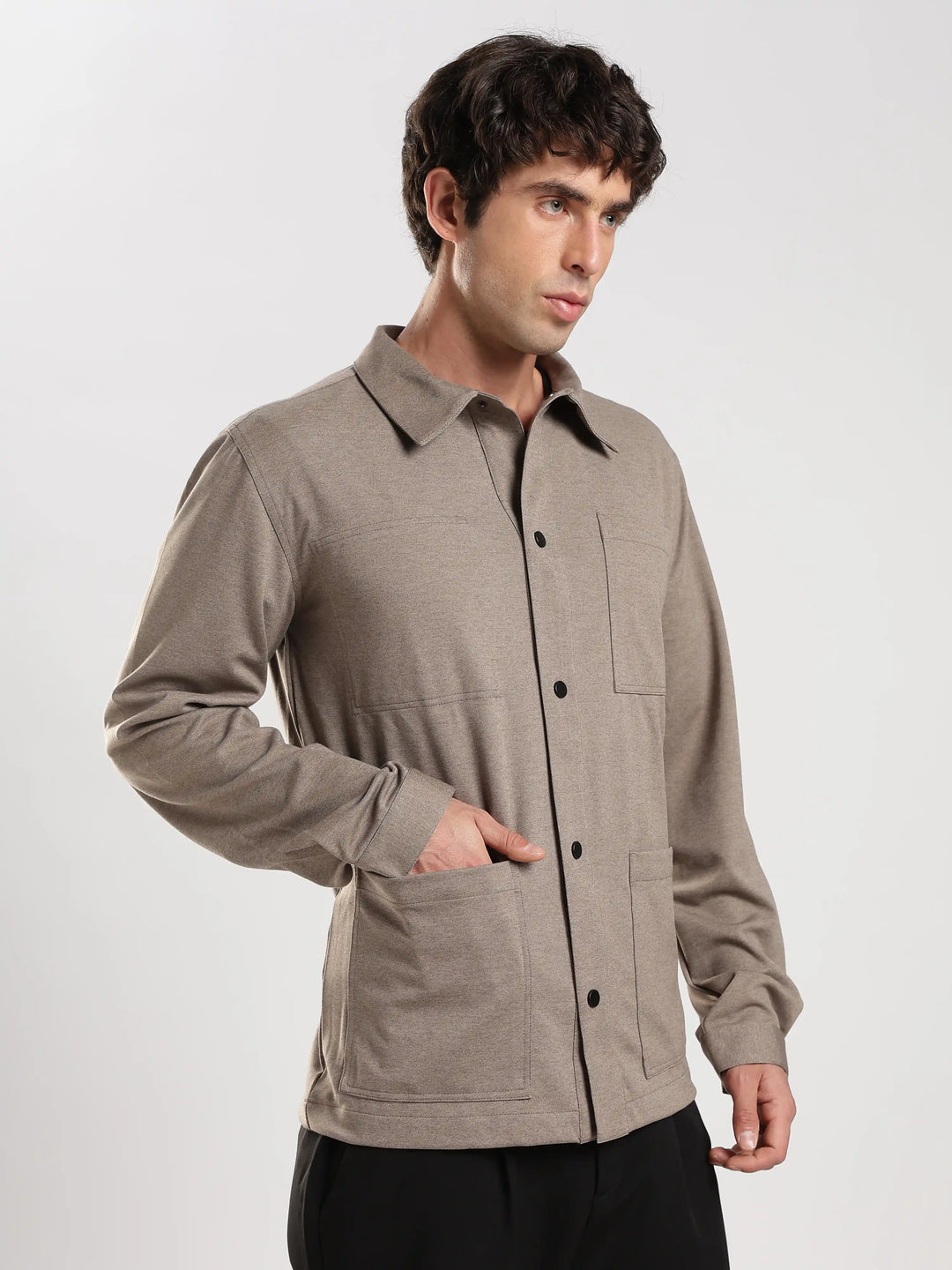 Light Brown Solid Regular Fit Shacket