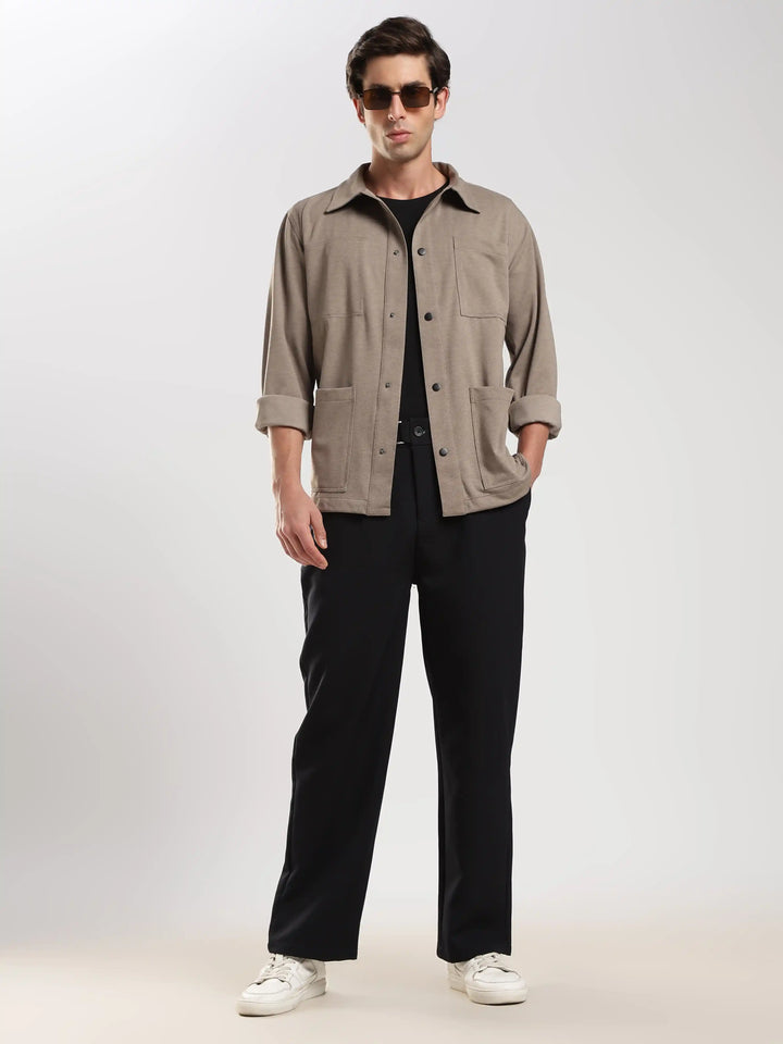 Light Brown Solid Regular Fit Shacket