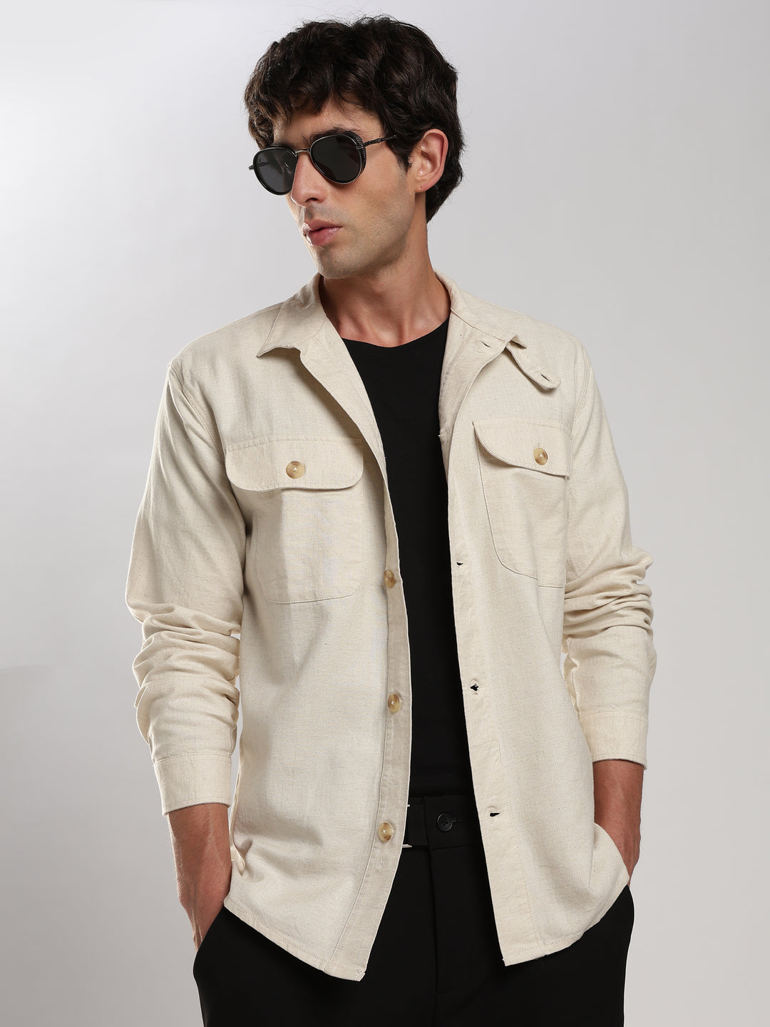 Cream Solid Regular Fit Shacket