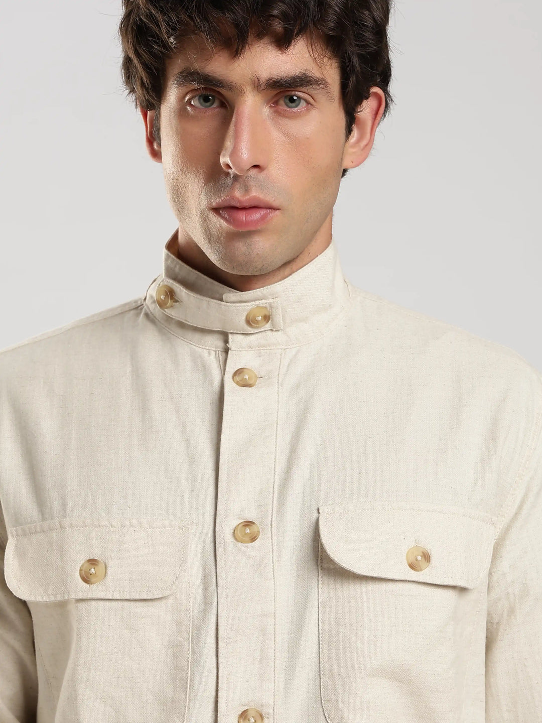 Cream Solid Regular Fit Shacket
