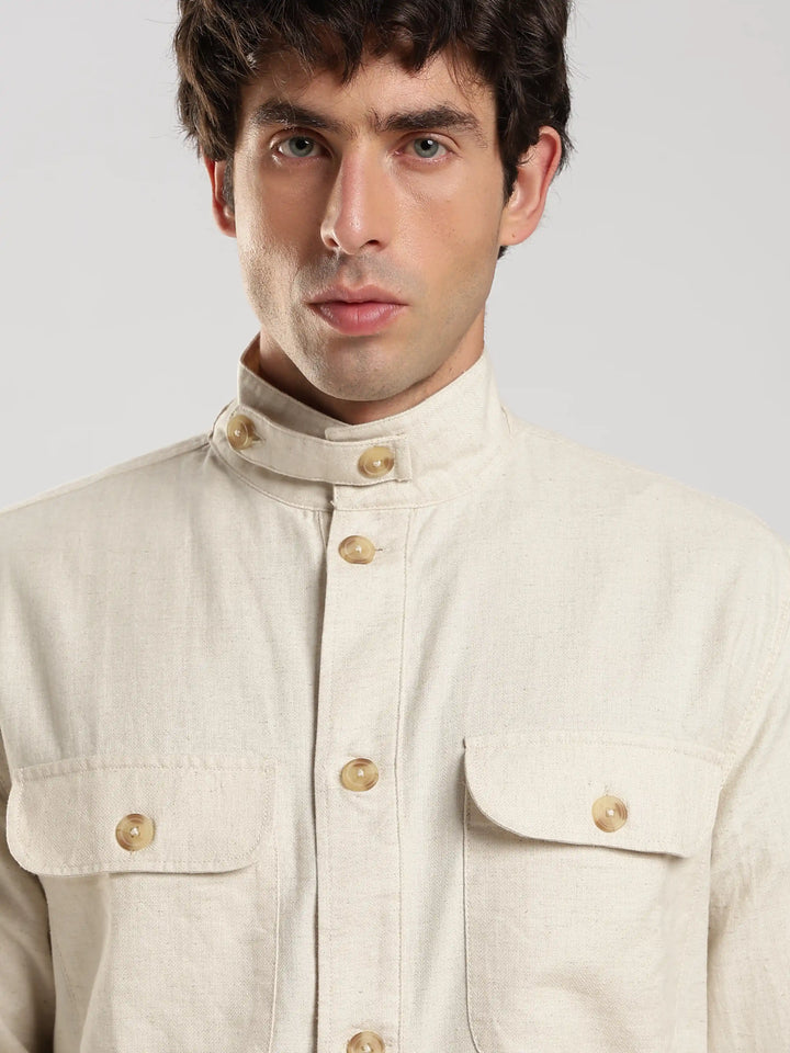 Cream Solid Regular Fit Shacket