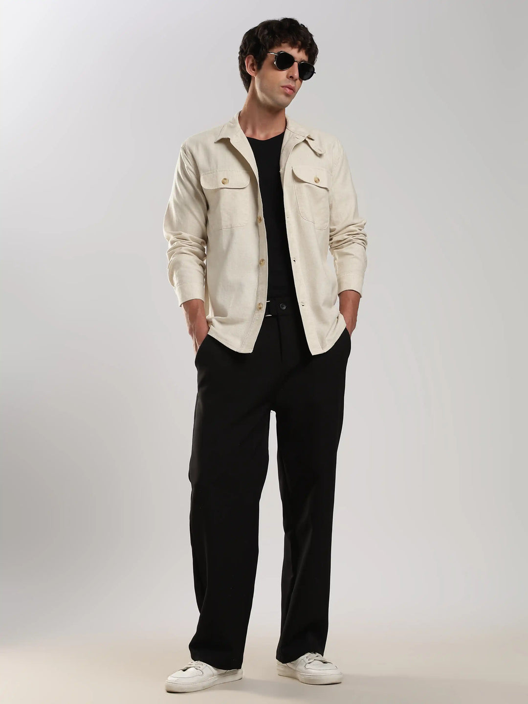 Cream Solid Regular Fit Shacket
