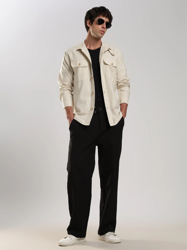 Cream Solid Regular Fit Shacket