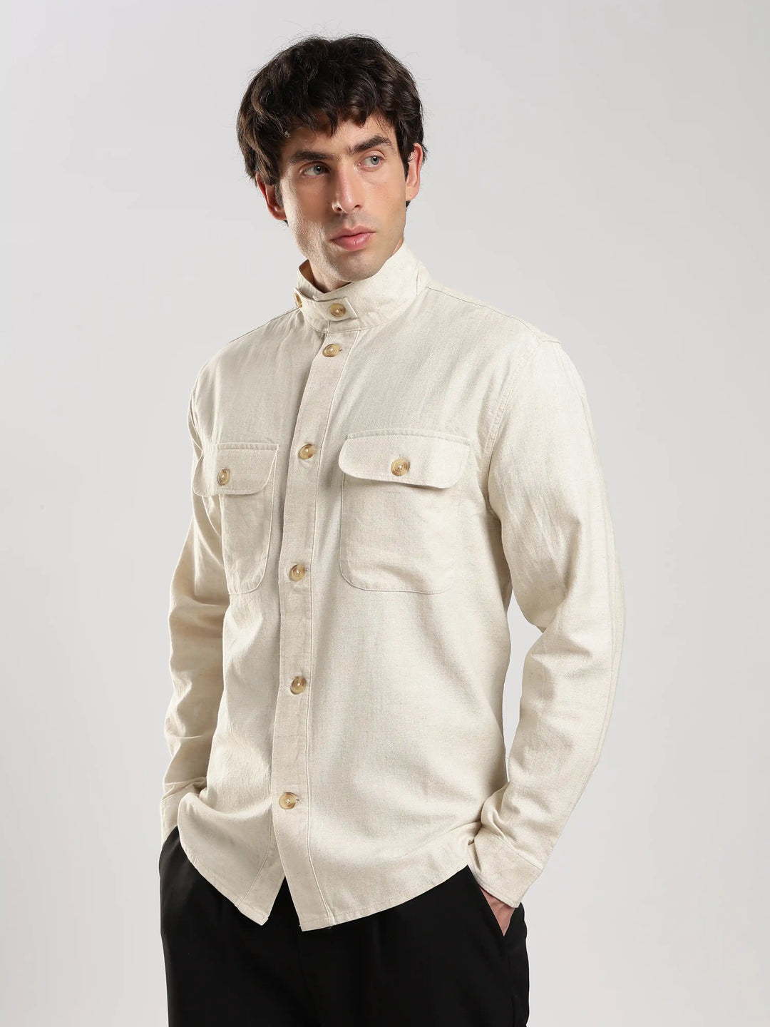 Cream Solid Regular Fit Shacket