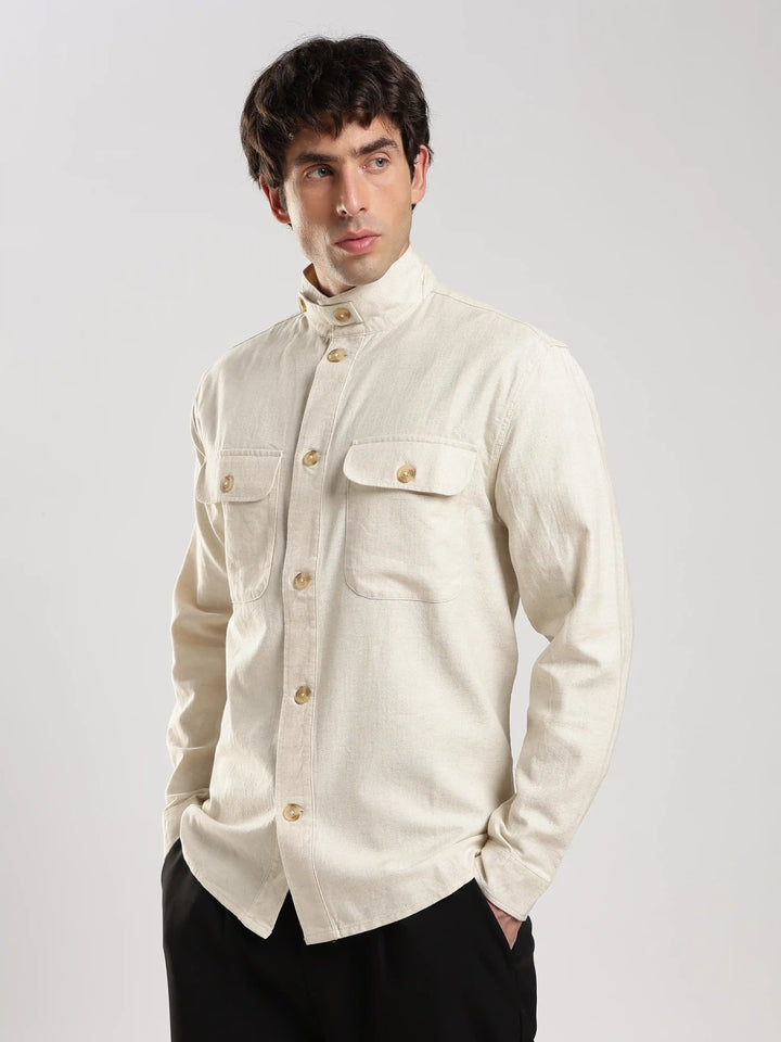 Cream Solid Regular Fit Shacket
