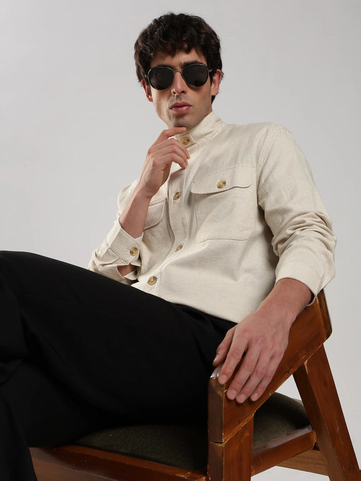 Cream Solid Regular Fit Shacket