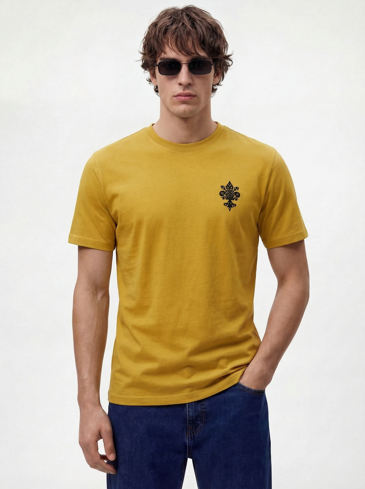 Mustard Boxy Fit Printed Round Neck T-Shirt