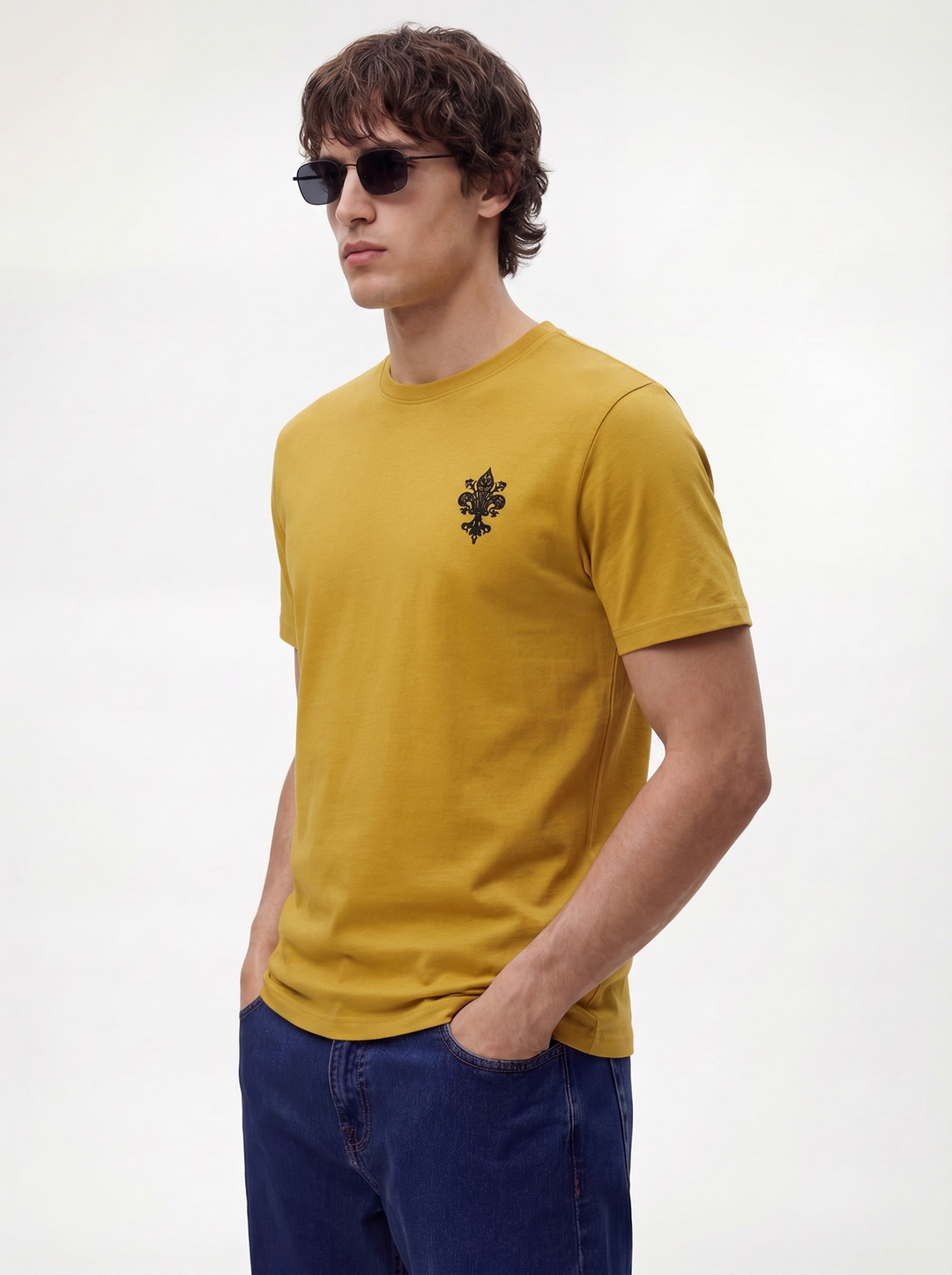 Mustard Boxy Fit Printed Round Neck T-Shirt