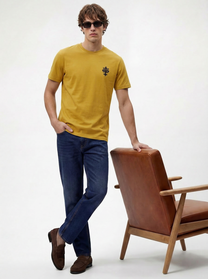 Mustard Boxy Fit Printed Round Neck T-Shirt