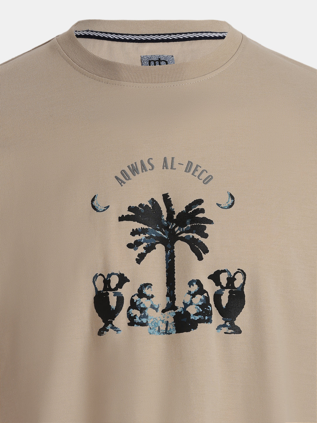 Cream Cotton Boxy Fit Printed Round Neck T-Shirt