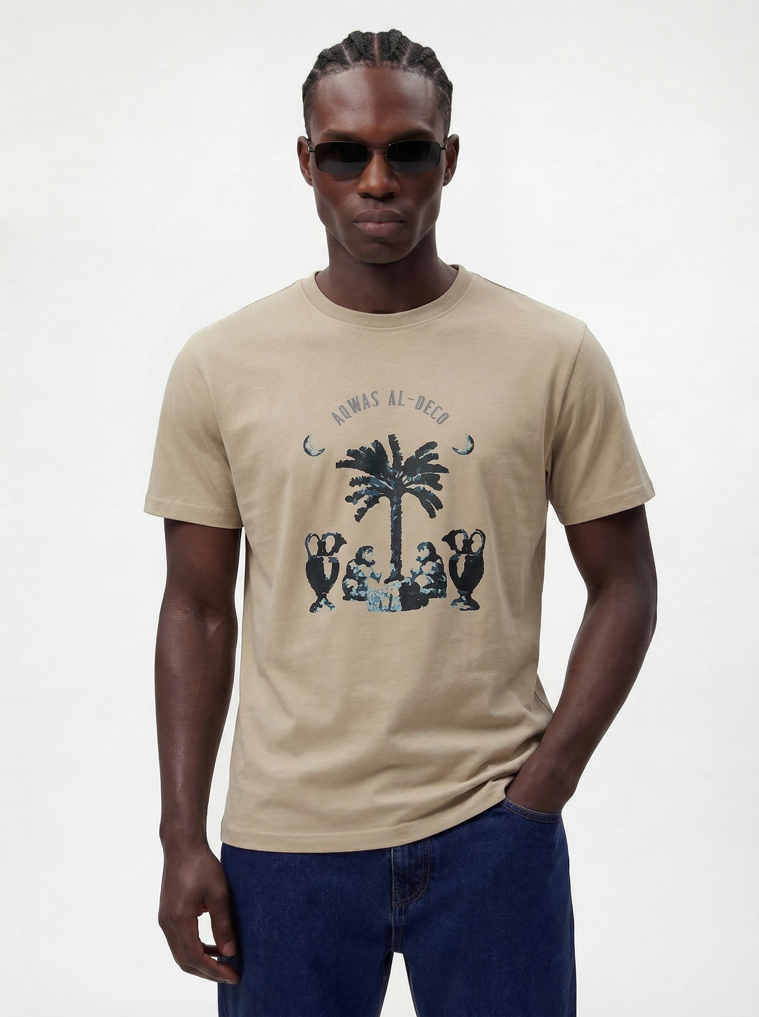 Cream Cotton Boxy Fit Printed Round Neck T-Shirt