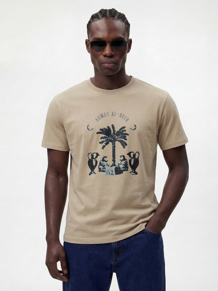 Cream Cotton Boxy Fit Printed Round Neck T-Shirt