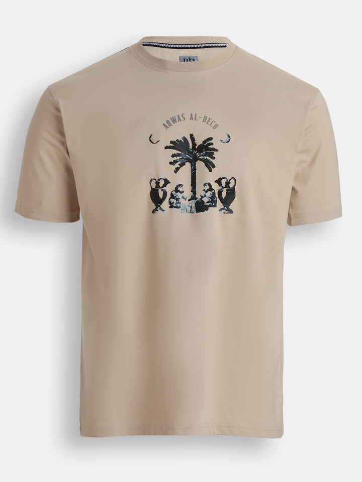 Cream Cotton Boxy Fit Printed Round Neck T-Shirt