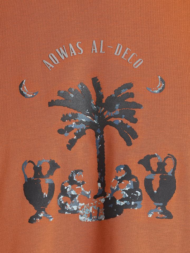 Rust Brown Cotton Boxy Fit Printed Round Neck T-Shirt
