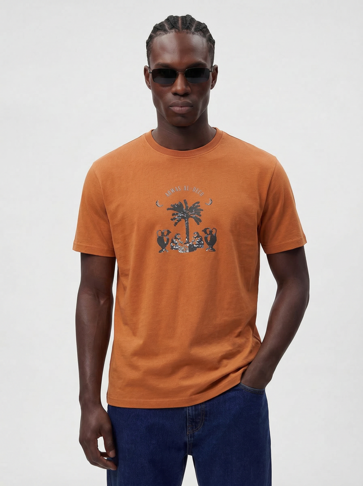 Rust Brown Cotton Boxy Fit Printed Round Neck T-Shirt