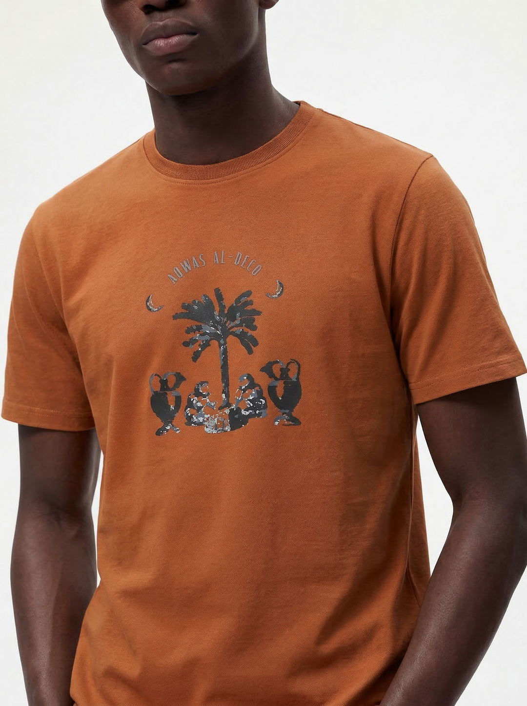 Rust Brown Cotton Boxy Fit Printed Round Neck T-Shirt