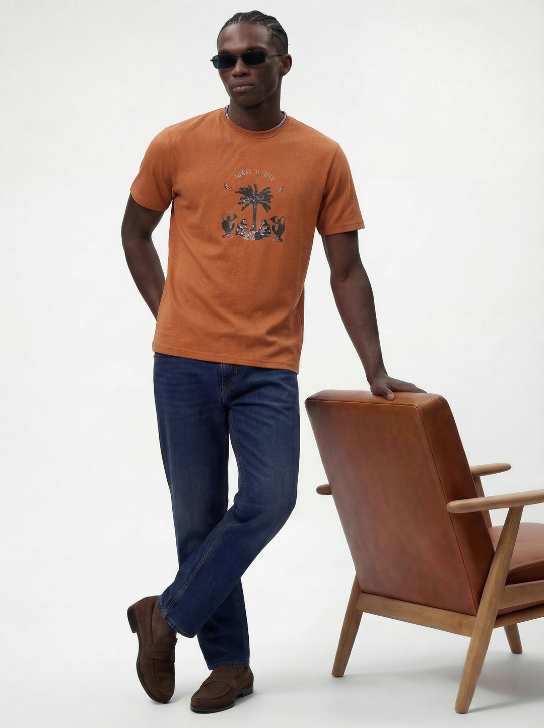Rust Brown Cotton Boxy Fit Printed Round Neck T-Shirt
