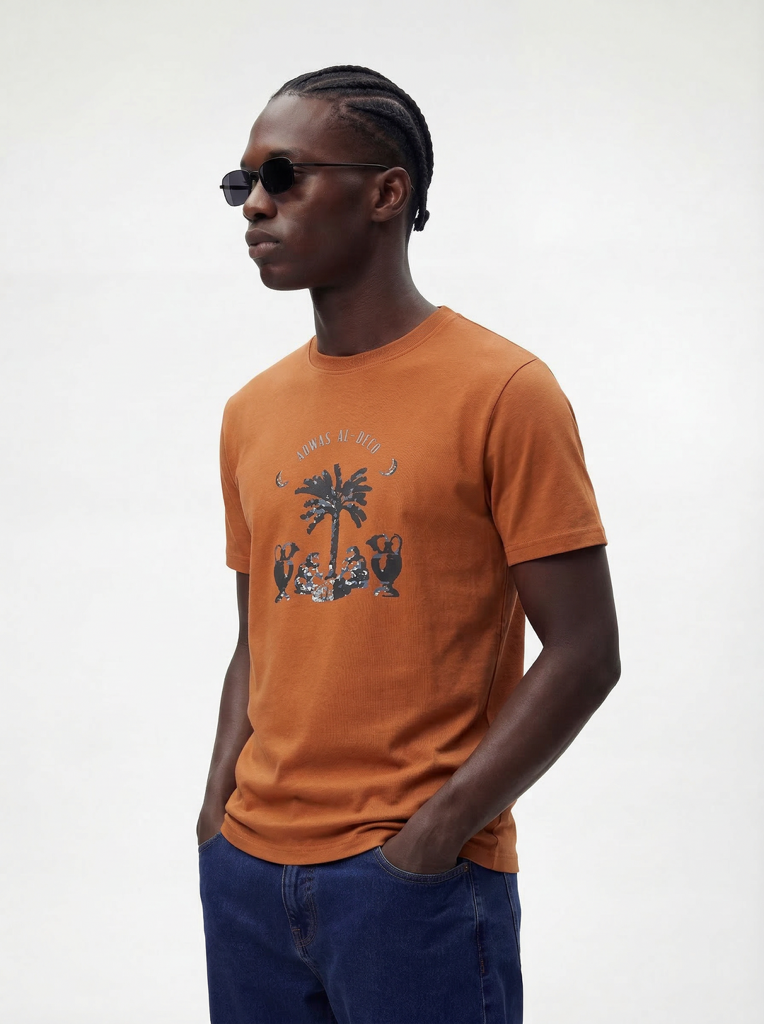 Rust Brown Cotton Boxy Fit Printed Round Neck T-Shirt