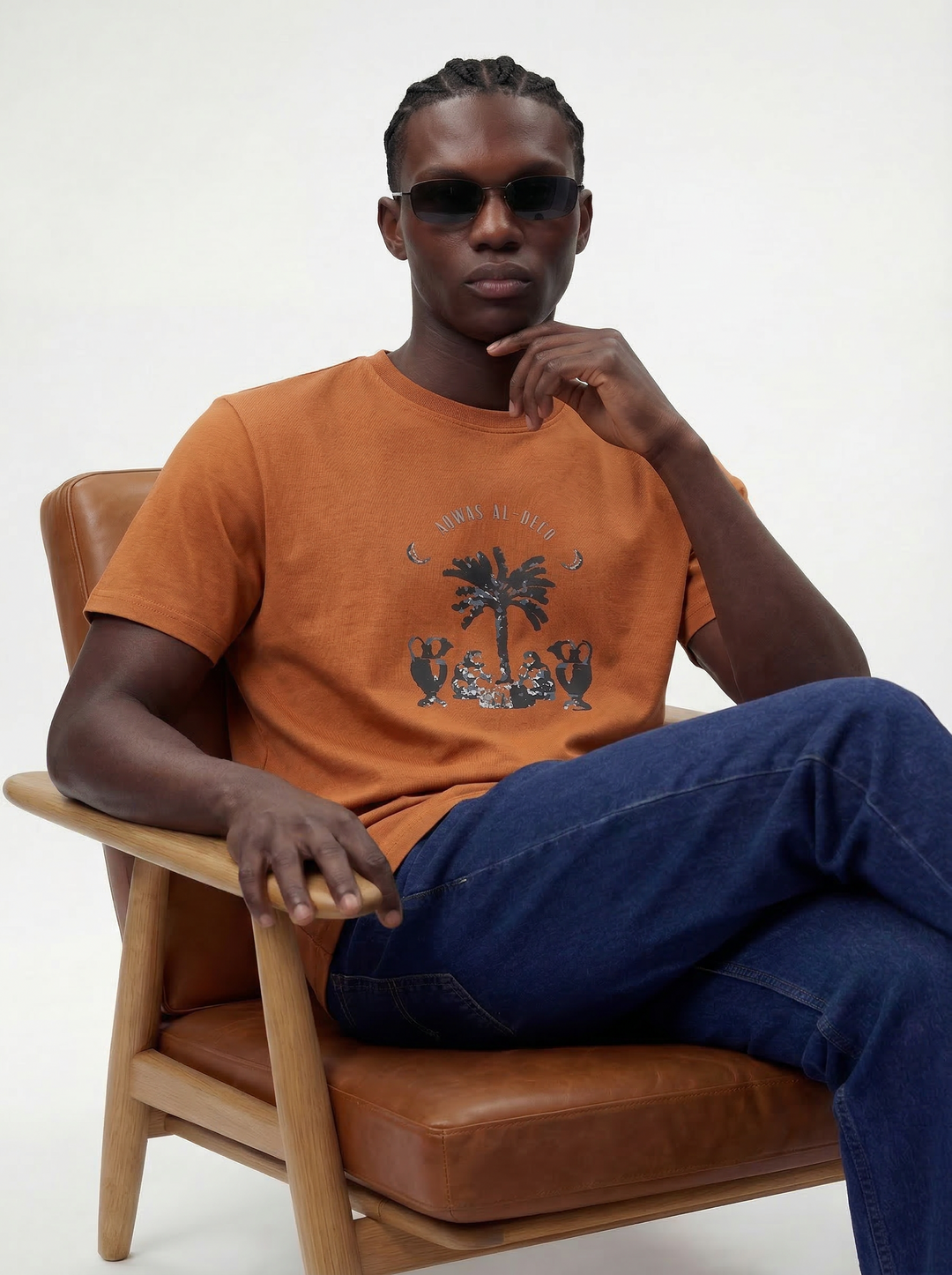 Rust Brown Cotton Boxy Fit Printed Round Neck T-Shirt