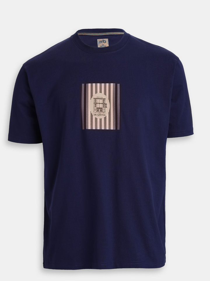 Dark  Blue Cotton Boxy Fit Printed Round Neck T-Shirt