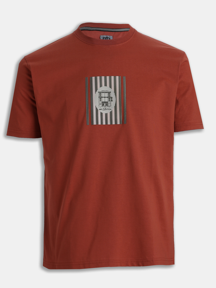 Rust Cotton Boxy Fit Printed Round Neck T-Shirt
