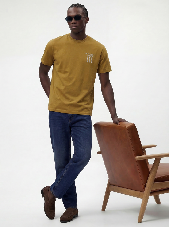 Mustard Cotton BoxyFit Printed Round Neck T-Shirt