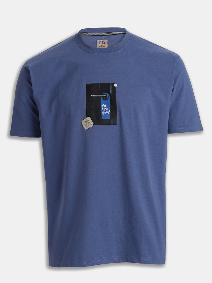 Blue Cotton Boxy Fit Printed Round Neck T-Shirt