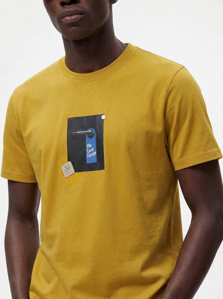 Mustard Cotton Boxy Fit Printed Round Neck T-Shirt