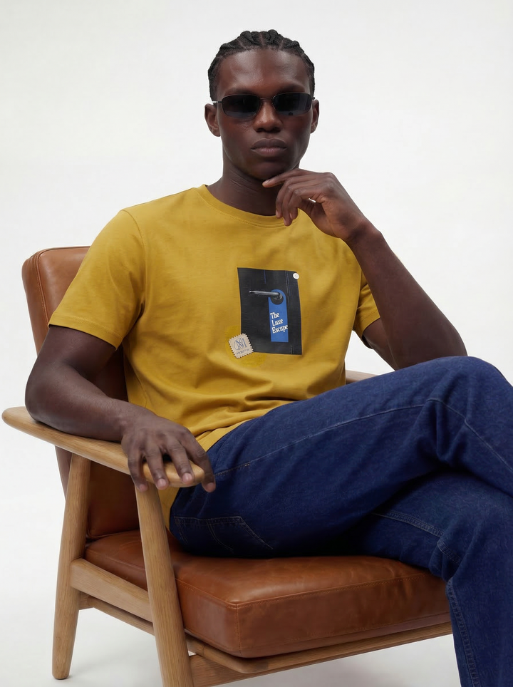 Mustard Cotton Boxy Fit Printed Round Neck T-Shirt
