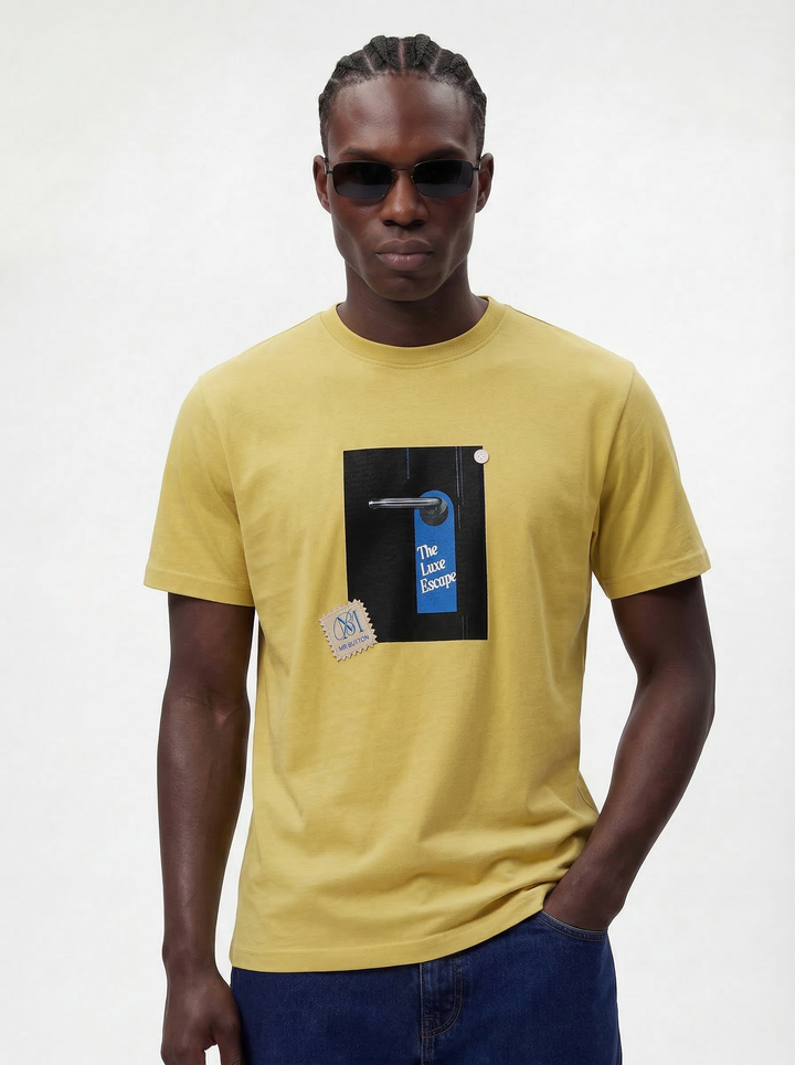 Mustard Green Cotton Boxy Fit Printed Round Neck T-Shirt