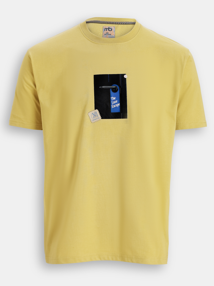Mustard Green Cotton Boxy Fit Printed Round Neck T-Shirt