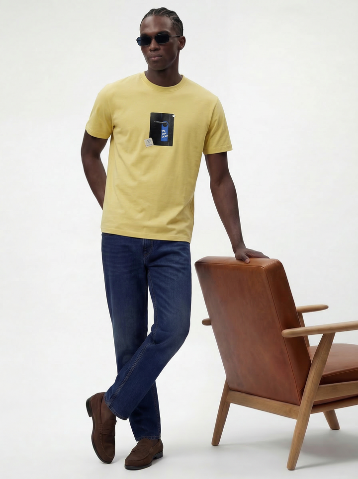 Mustard Green Cotton Boxy Fit Printed Round Neck T-Shirt