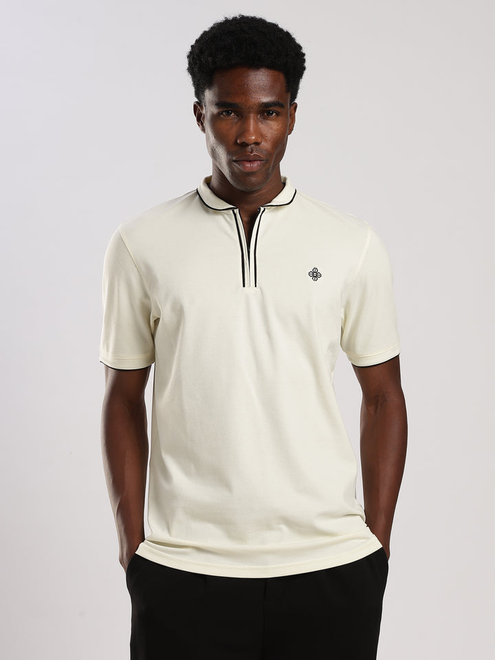Off white Solid  Half Sleeve Polo T-Shirt