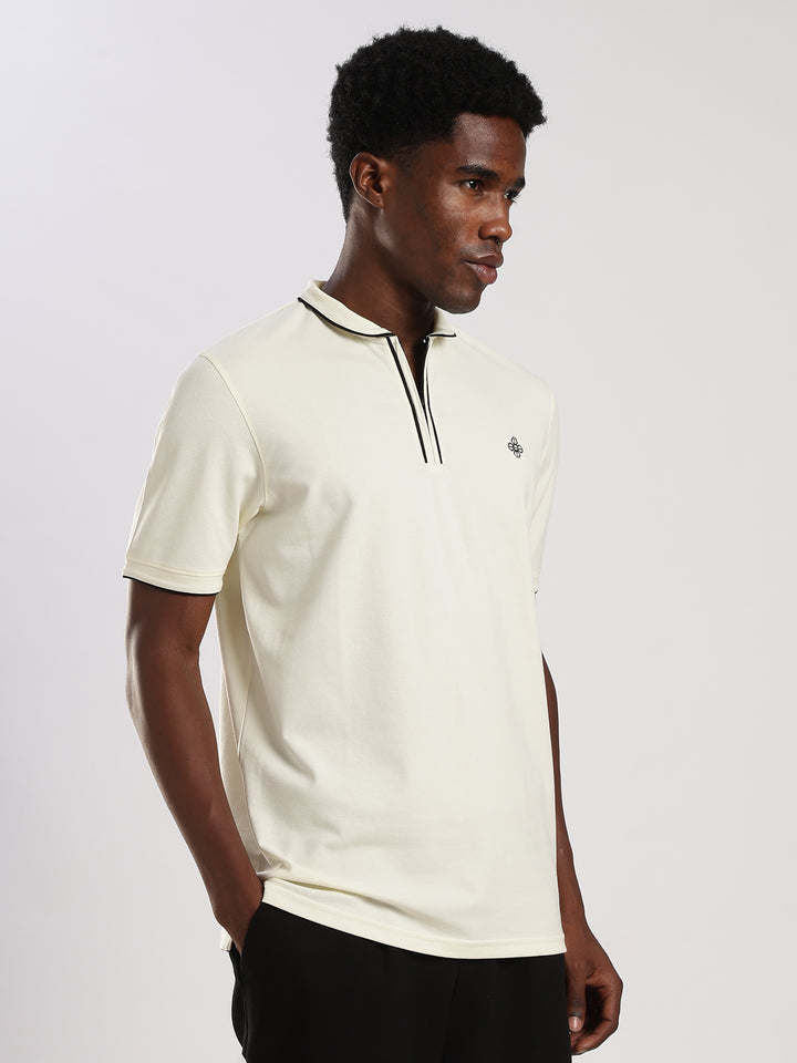Off white Solid  Half Sleeve Polo T-Shirt